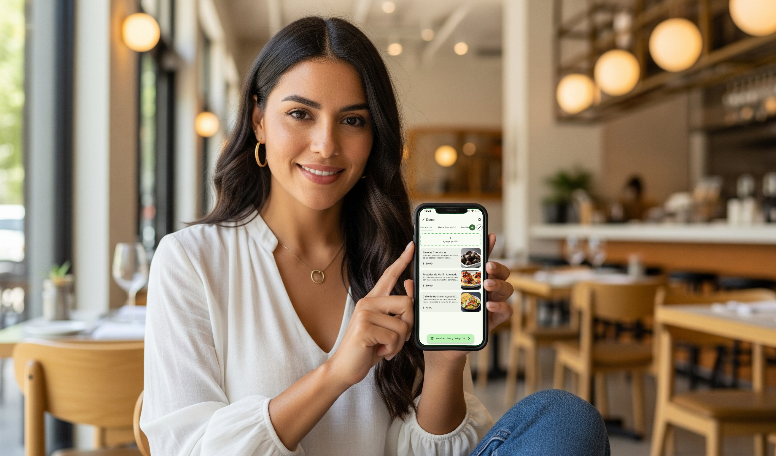 Screenshot of the MenuEZ application on an iPhone and an Android, showing an attractive digital menu and a QR code.